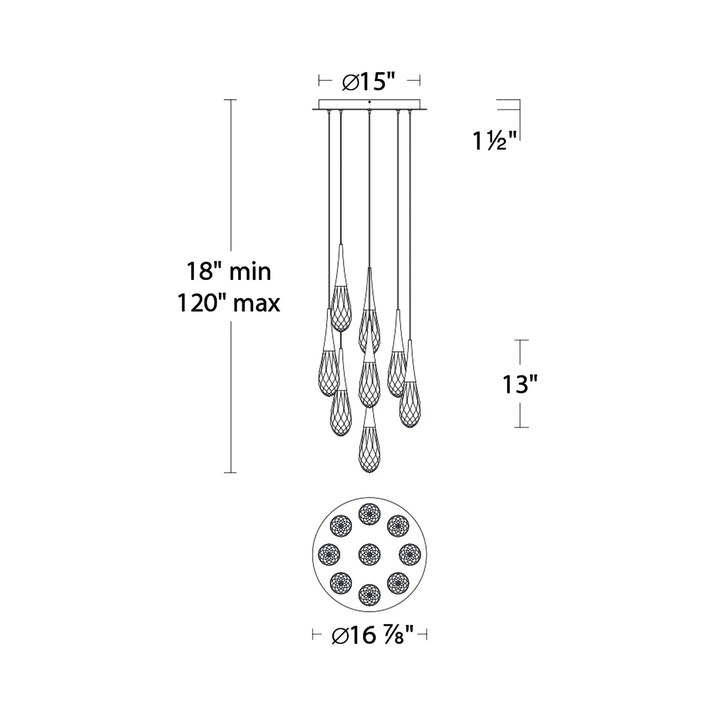 Hibiscus LED Multi Light Pendant Light - line drawing.