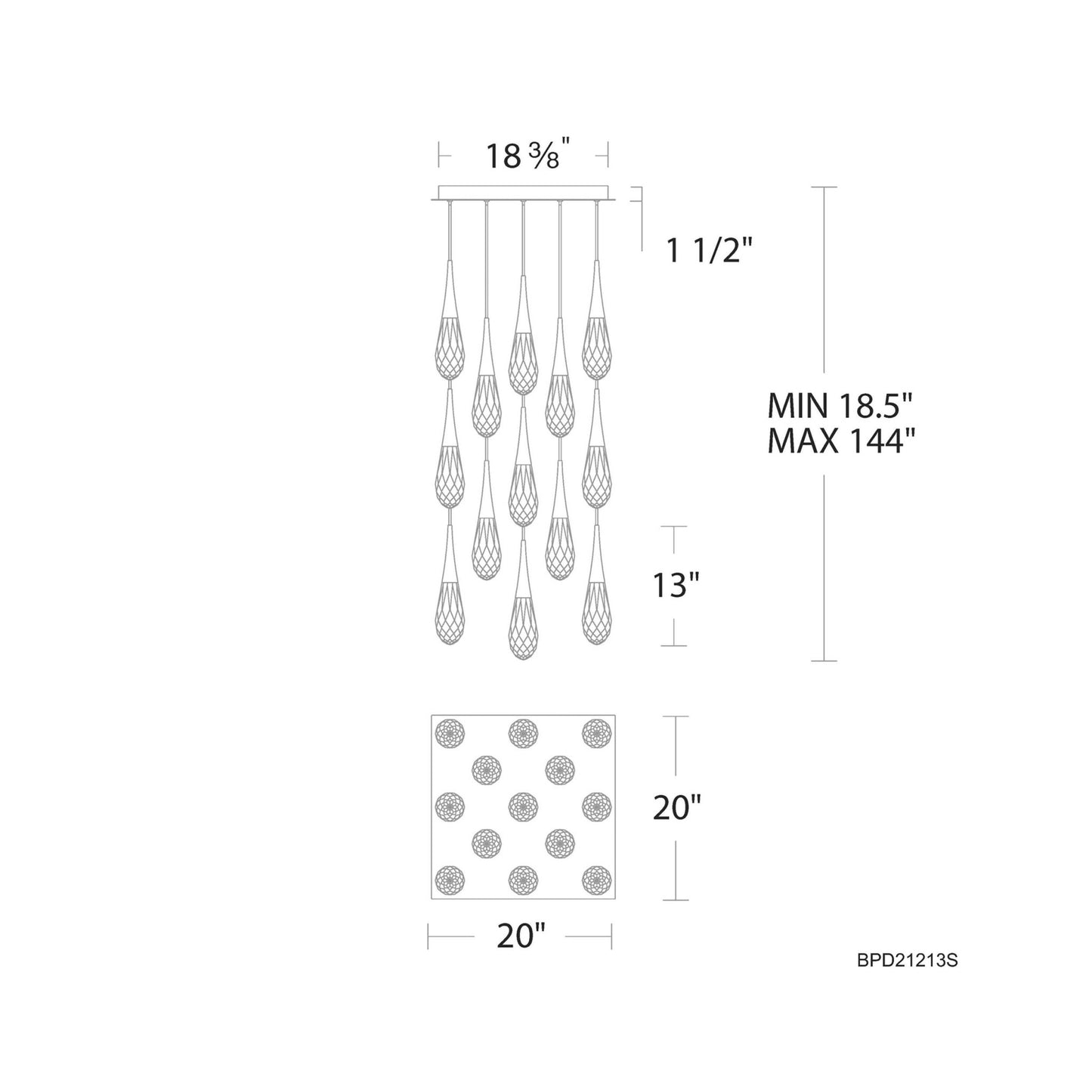 Hibiscus Square LED Multi Pendant Light - line drawing.