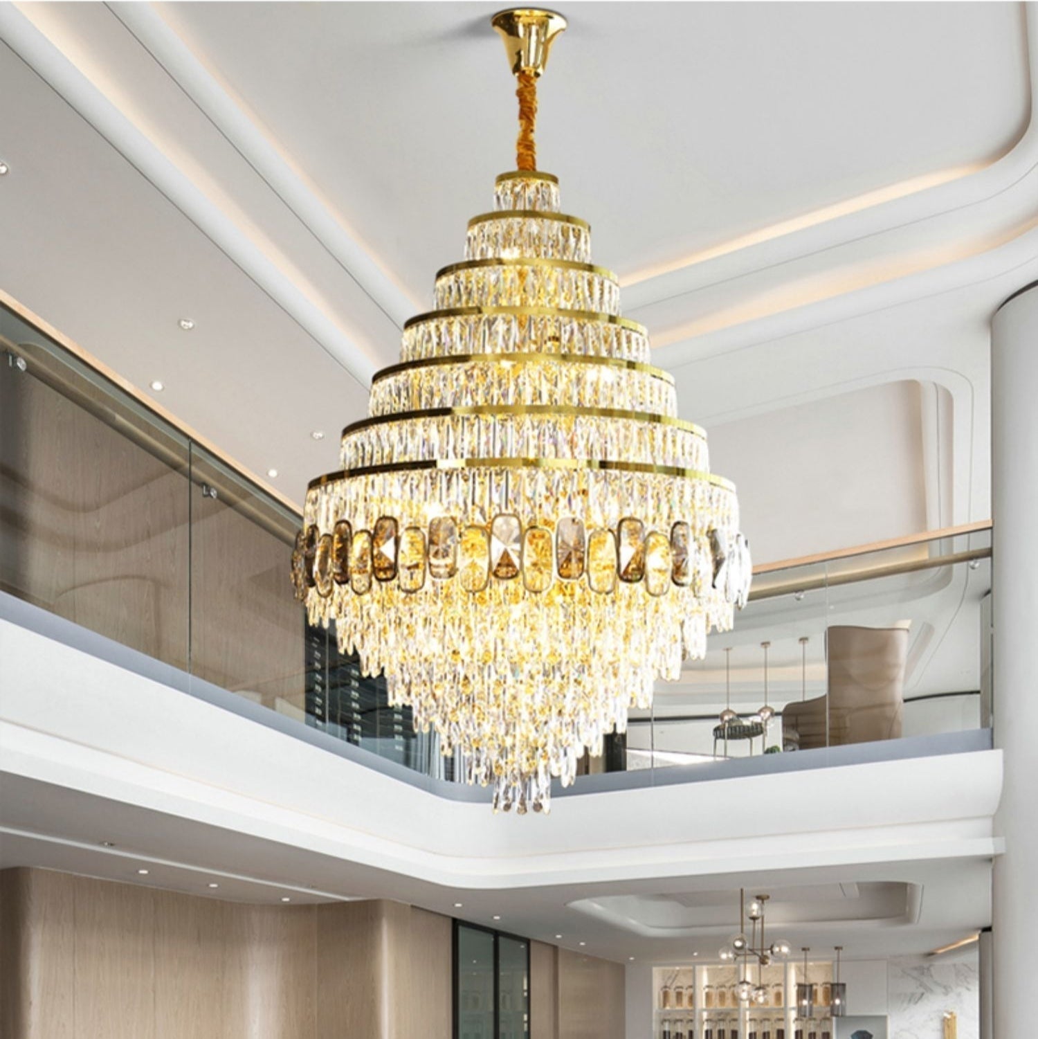 Honeycomb Shaped Ceiling Chandelier Extra Large Crystal Light Fixture For Foyer Staircase/ Entryway In Gold Finish-Nobipets