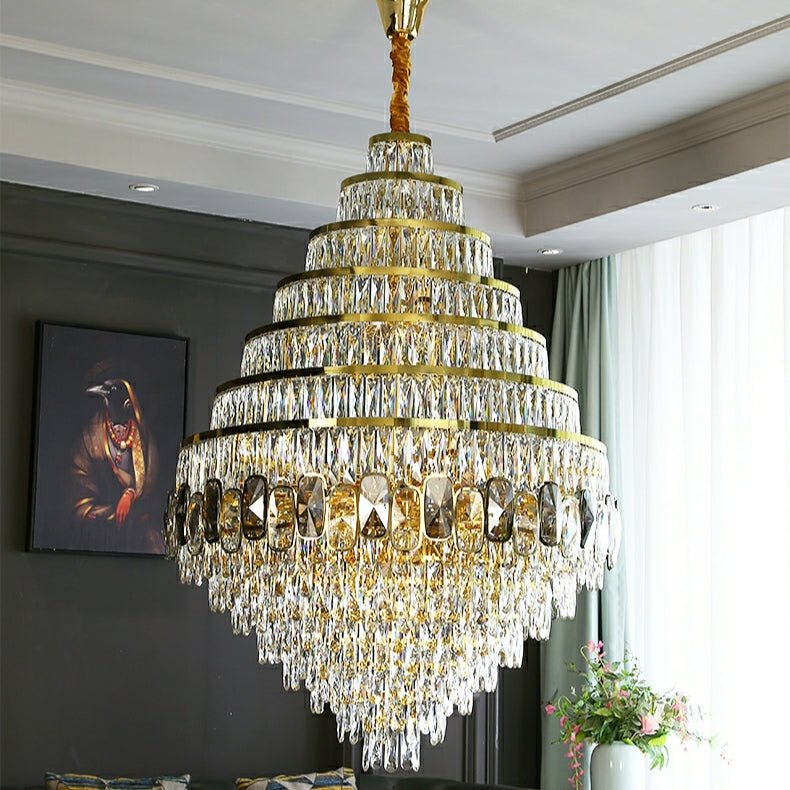Honeycomb Shaped Ceiling Chandelier Extra Large Crystal Light Fixture For Foyer Staircase/ Entryway In Gold Finish-Nobipets