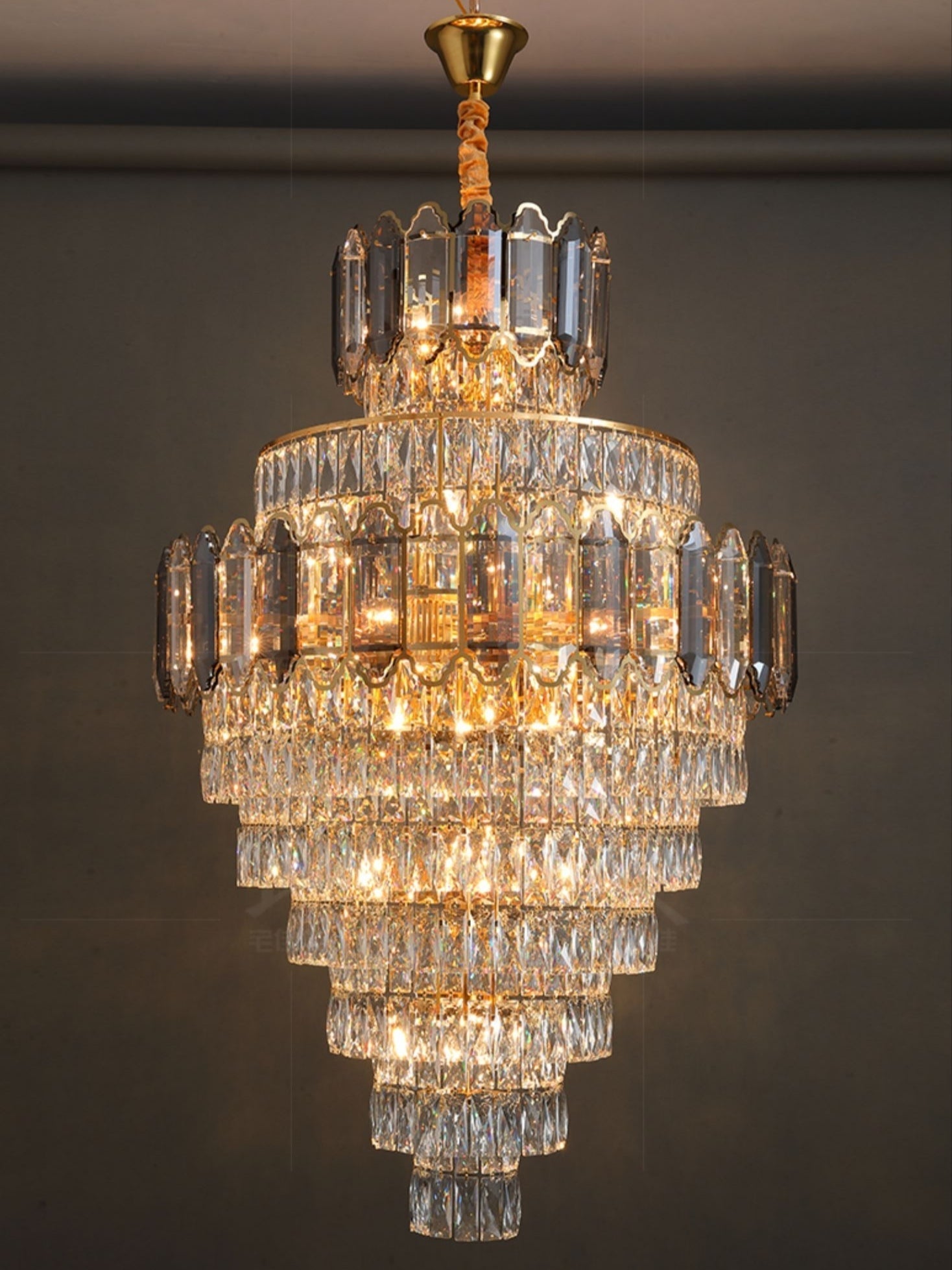 Large Staircase Crystal Chandelier Living Room Ceiling Light Fixture For Hotel Entrance In Gold Finish-Nobipets