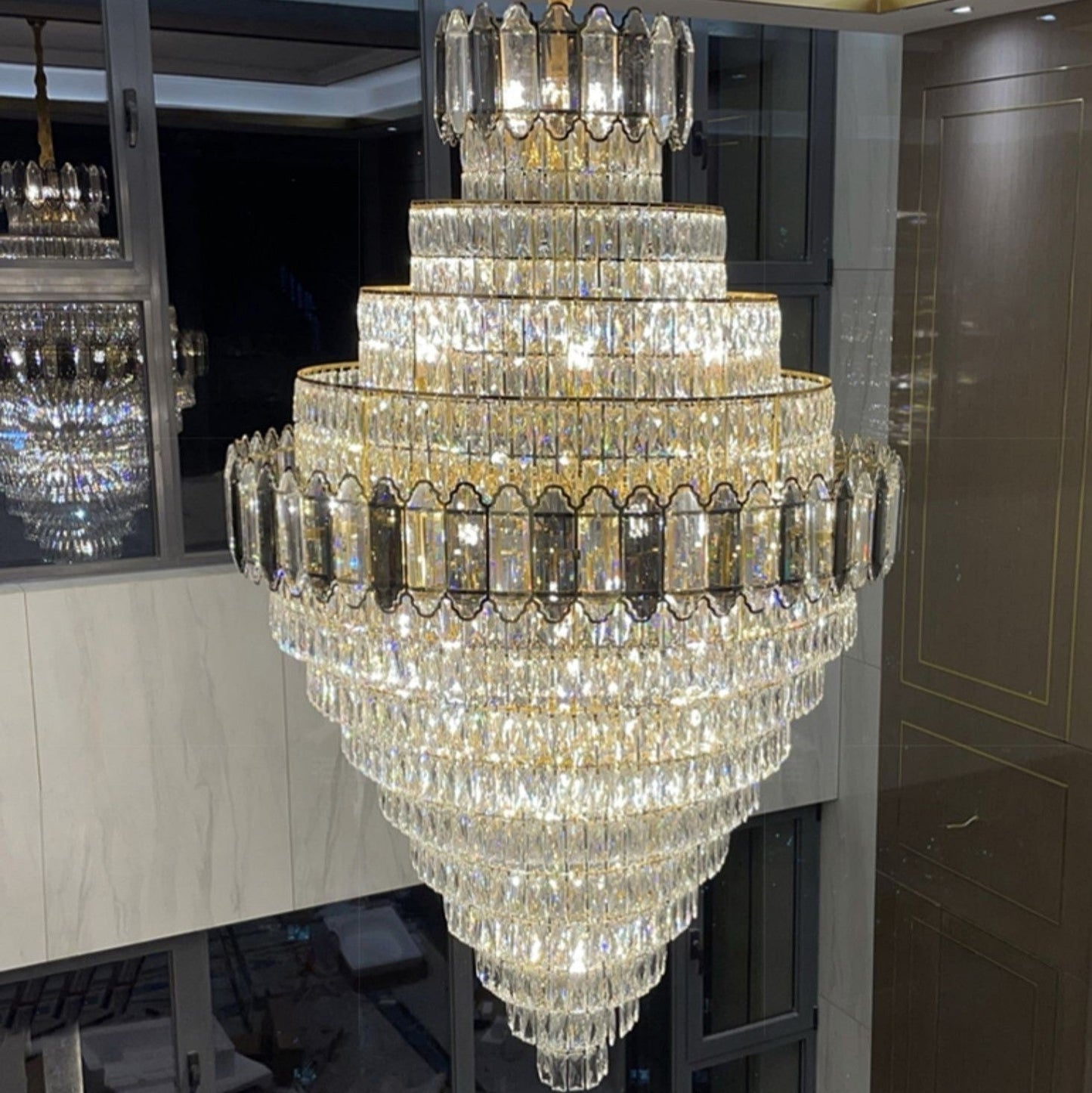 Large Staircase Crystal Chandelier Living Room Ceiling Light Fixture For Hotel Entrance In Gold Finish-Nobipets