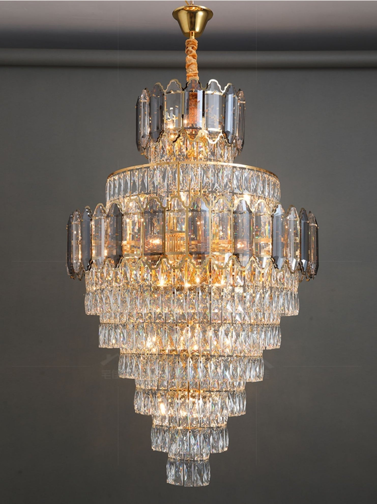 Large Staircase Crystal Chandelier Living Room Ceiling Light Fixture For Hotel Entrance In Gold Finish-Nobipets