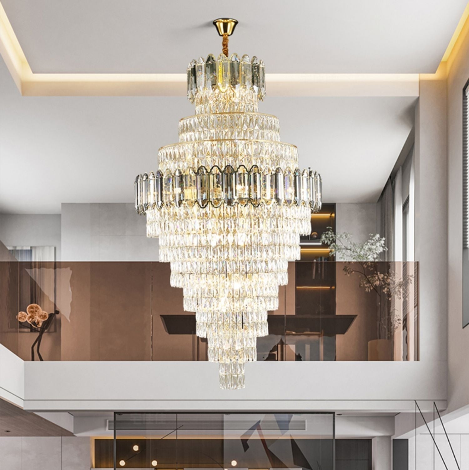 Large Staircase Crystal Chandelier Living Room Ceiling Light Fixture For Hotel Entrance In Gold Finish-Nobipets
