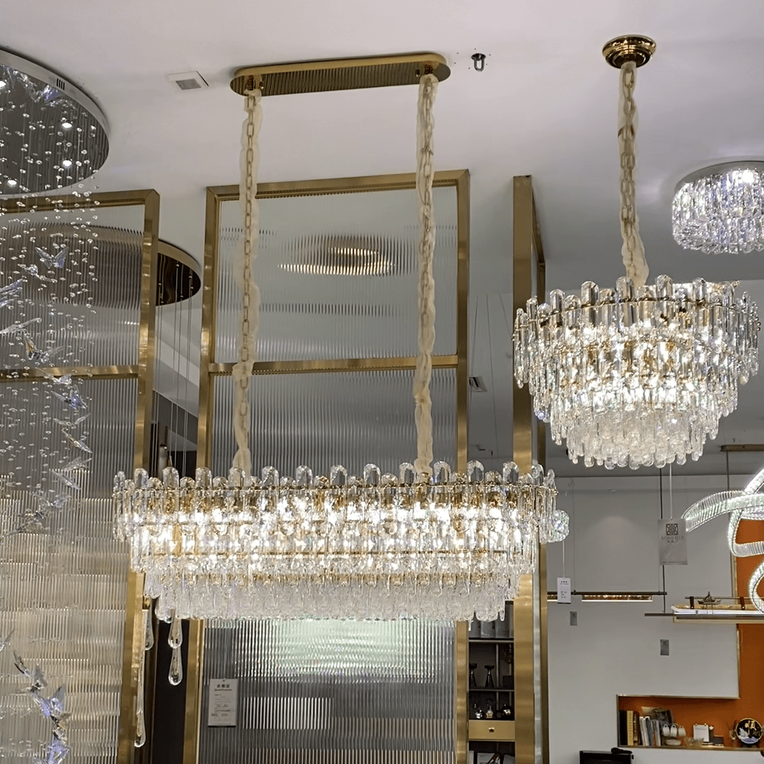 Light Luxury Round/Rectangular Clear Crystal Chandelier in Champagne Gold/Chrome Finish for Living/Dining Room/Bedroom-Nobipets