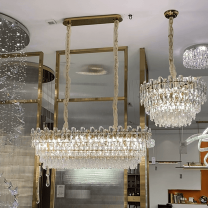 Light Luxury Round/Rectangular Clear Crystal Chandelier in Champagne Gold/Chrome Finish for Living/Dining Room/Bedroom-Nobipets