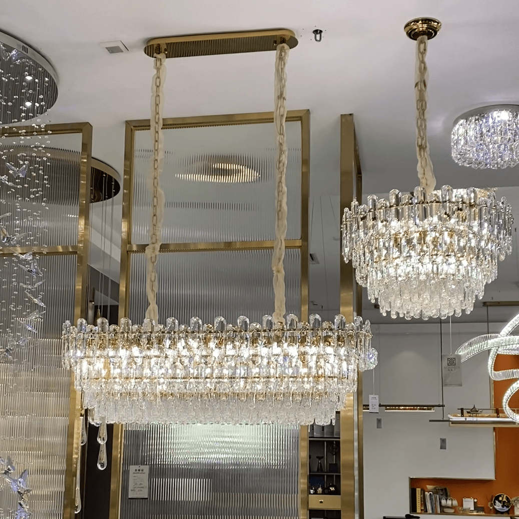 Light Luxury Round/Rectangular Clear Crystal Chandelier in Champagne Gold/Chrome Finish for Living/Dining Room/Bedroom-Nobipets