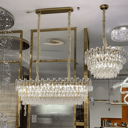 Light Luxury Round/Rectangular Clear Crystal Chandelier in Champagne Gold/Chrome Finish for Living/Dining Room/Bedroom-Nobipets