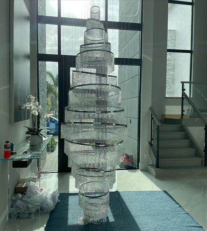 Long Crystal Tassel Rings Chandelier Extra Large Living Room Staircase High Ceiling Lighting Fixture-Nobipets