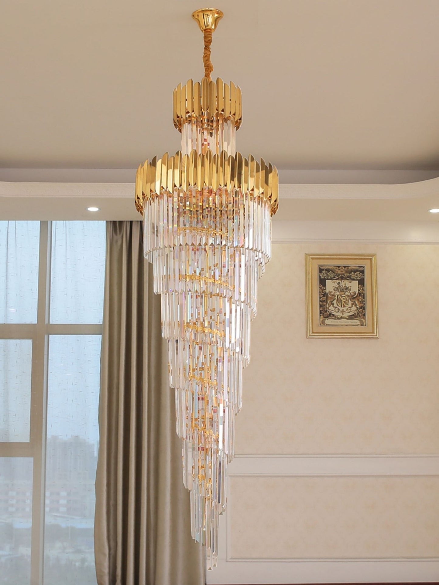 Luxury Gold Trimmed Long Crystal Chandelier Foyer Staircase Extra Large Ceiling Light Fixture-Nobipets