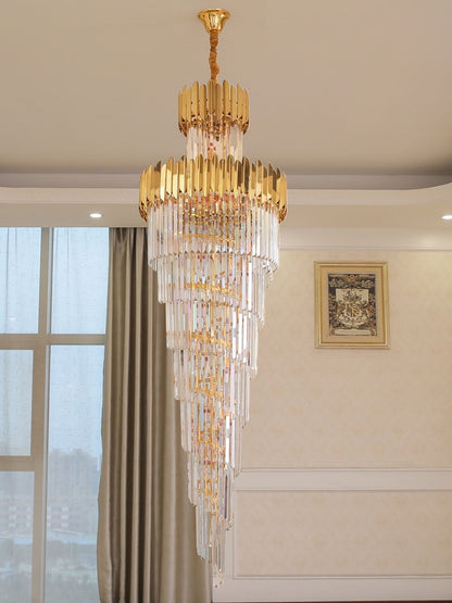 Luxury Gold Trimmed Long Crystal Chandelier Foyer Staircase Extra Large Ceiling Light Fixture-Nobipets
