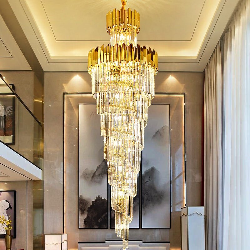 Luxury Gold Trimmed Long Crystal Chandelier Foyer Staircase Extra Large Ceiling Light Fixture-Nobipets
