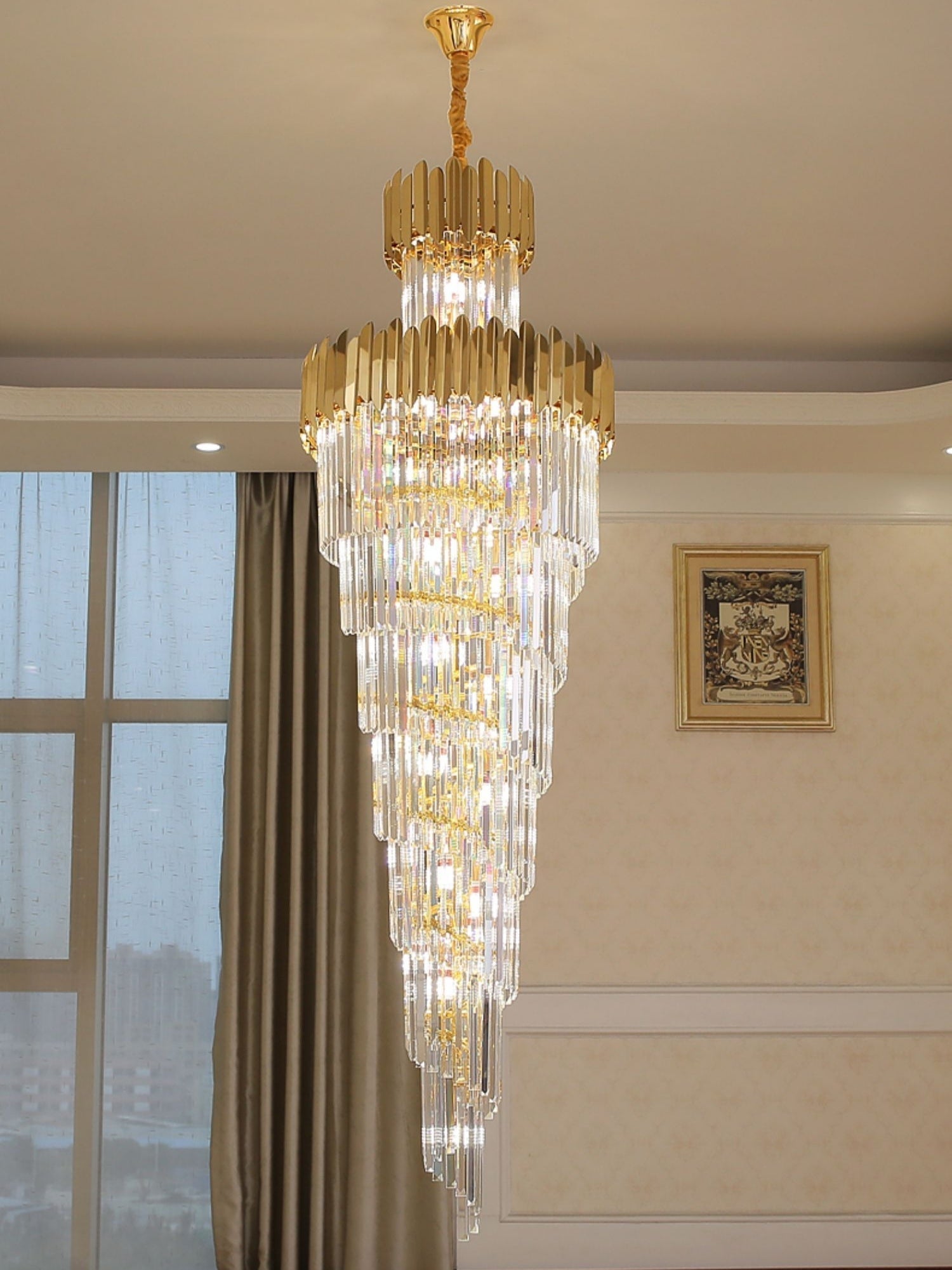 Luxury Gold Trimmed Long Crystal Chandelier Foyer Staircase Extra Large Ceiling Light Fixture-Nobipets