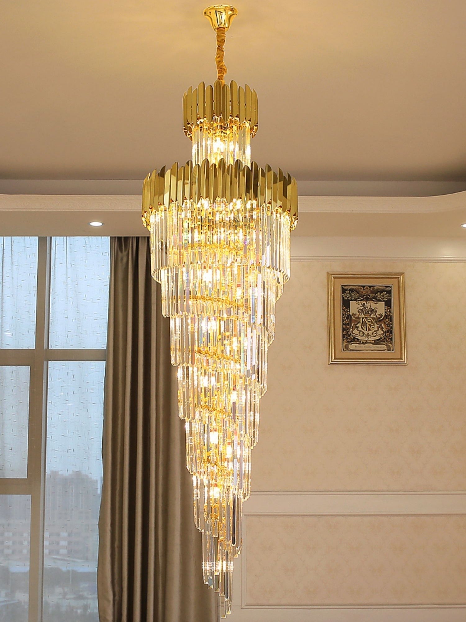 Luxury Gold Trimmed Long Crystal Chandelier Foyer Staircase Extra Large Ceiling Light Fixture-Nobipets