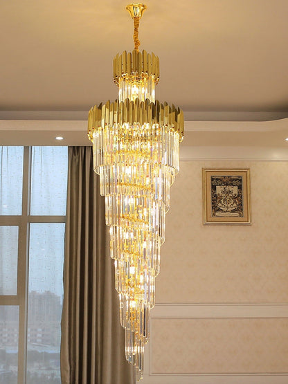Luxury Gold Trimmed Long Crystal Chandelier Foyer Staircase Extra Large Ceiling Light Fixture-Nobipets