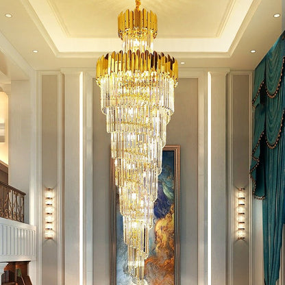 Luxury Gold Trimmed Long Crystal Chandelier Foyer Staircase Extra Large Ceiling Light Fixture-Nobipets