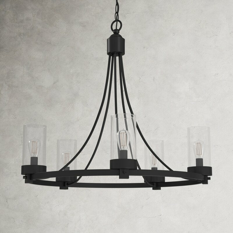 Matte Black/ Chrome Farmhouse Chandeliers 5-Light Wagon Wheel North American Traditional Patio Ceiling Lights-Nobipets