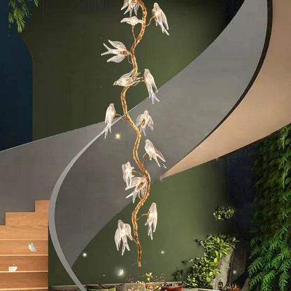 Modern Bird Glass Tree Branch Long Staircase Chandelier