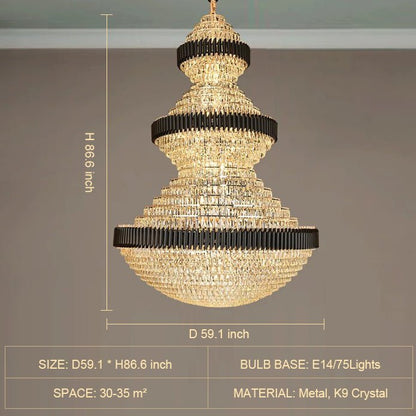 Modern Black Iron Crystal Chandelier For Foyer Staircase Luxurious Design Ceiling Light Fixture-Nobipets