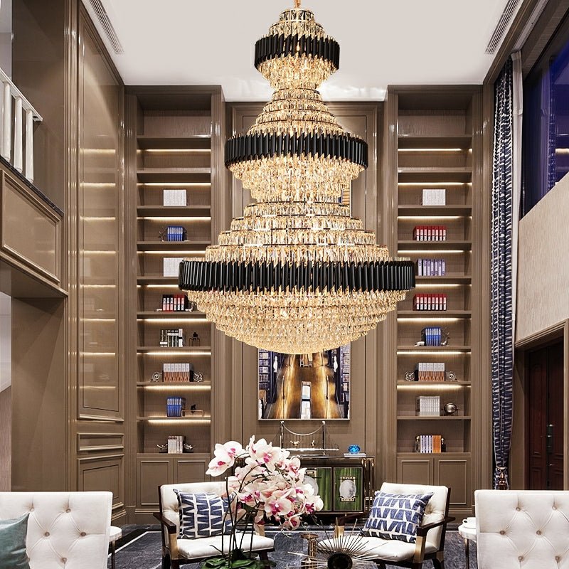 Modern Black Iron Crystal Chandelier For Foyer Staircase Luxurious Design Ceiling Light Fixture-Nobipets