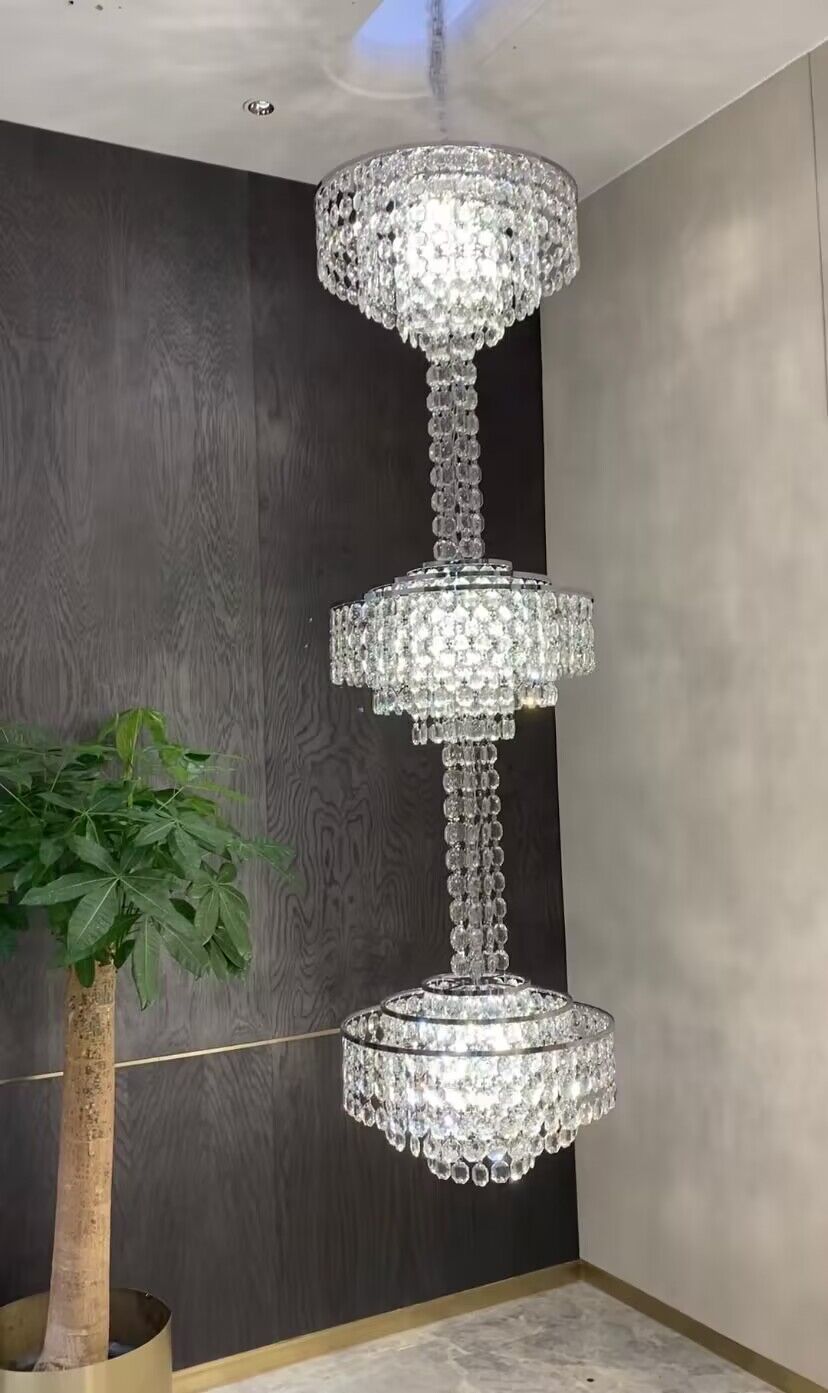 Modern French Elegant Oversized 3-tiered Silver Seashells Long Crystal Chandelier for Staircase-Nobipets