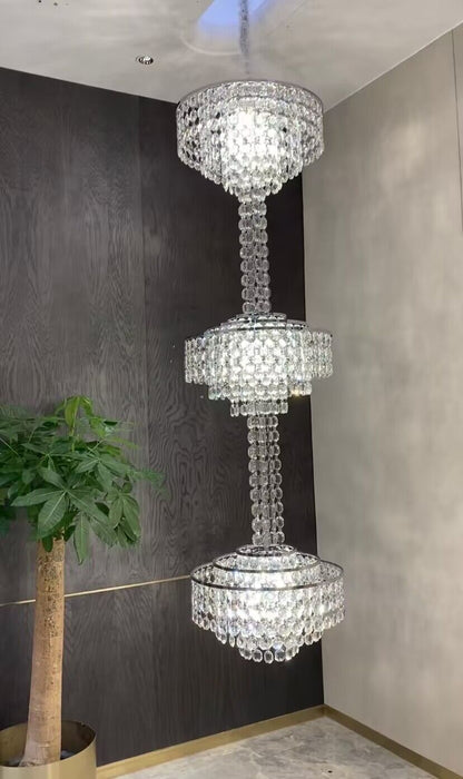 Modern French Elegant Oversized 3-tiered Silver Seashells Long Crystal Chandelier for Staircase-Nobipets