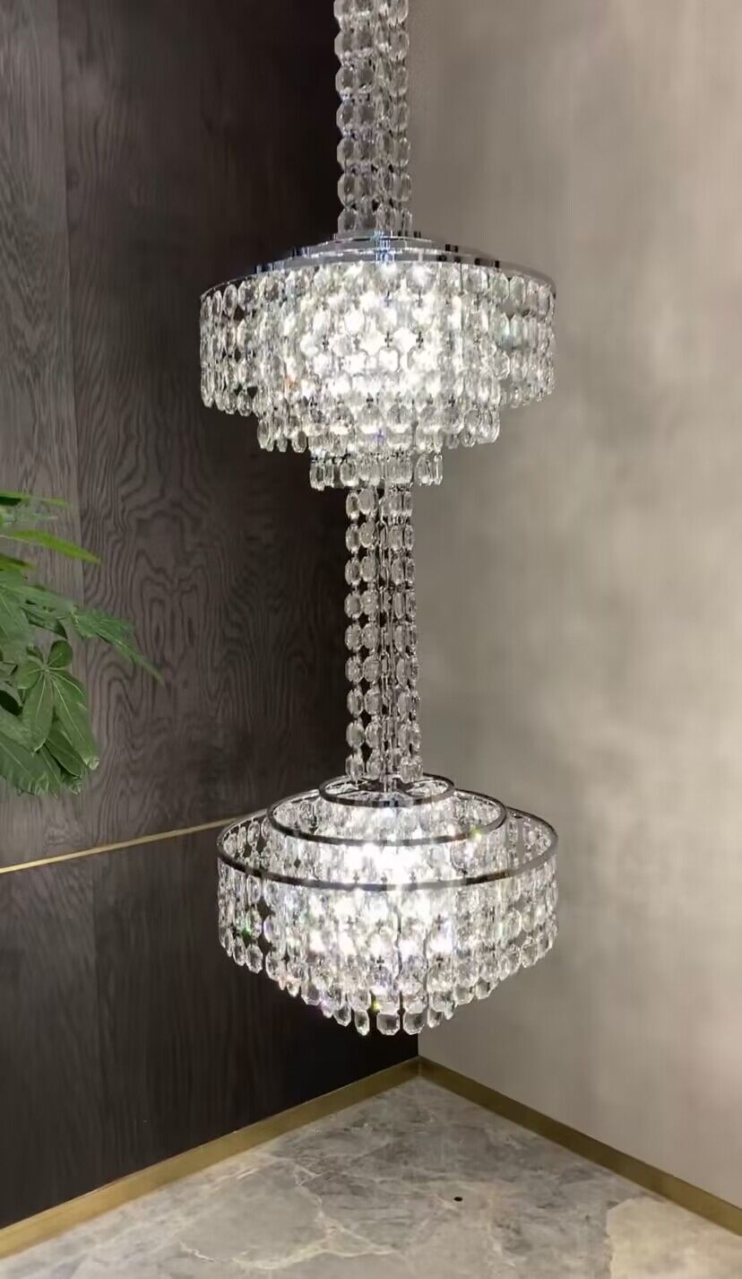 Modern French Elegant Oversized 3-tiered Silver Seashells Long Crystal Chandelier for Staircase-Nobipets