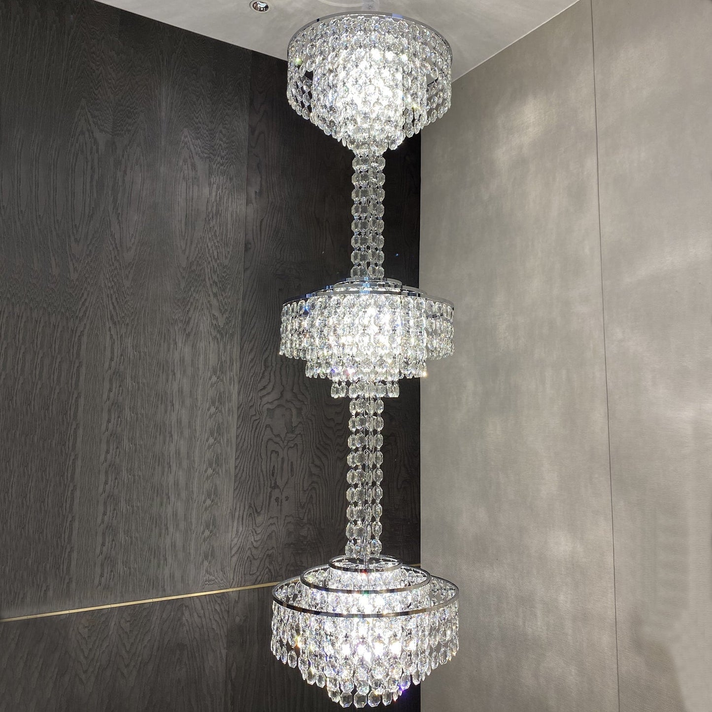 Modern French Elegant Oversized 3-tiered Silver Seashells Long Crystal Chandelier for Staircase-Nobipets