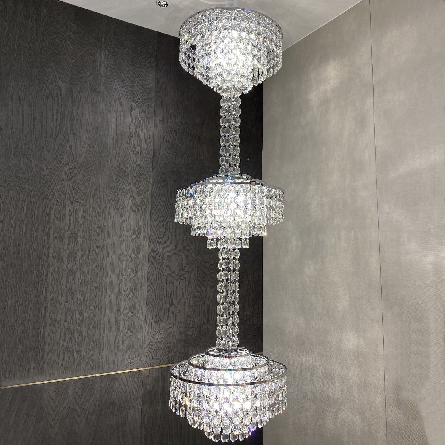 Modern French Elegant Oversized 3-tiered Silver Seashells Long Crystal Chandelier for Staircase-Nobipets