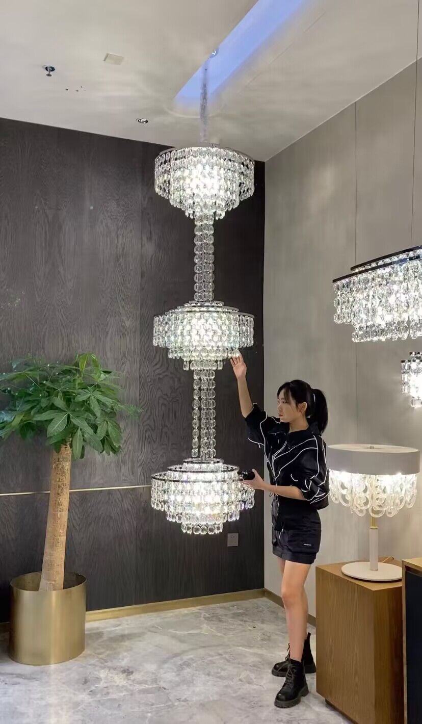 Modern French Elegant Oversized 3-tiered Silver Seashells Long Crystal Chandelier for Staircase-Nobipets