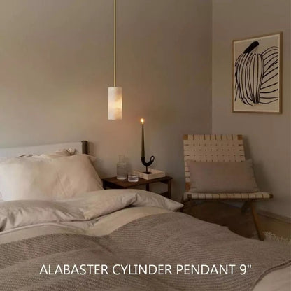 Modern Hand Carved Alabaster Cylinder Pendant Light