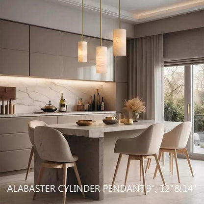 Modern Hand Carved Alabaster Cylinder Pendant Light