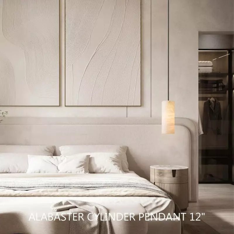 Modern Hand Carved Alabaster Cylinder Pendant Light