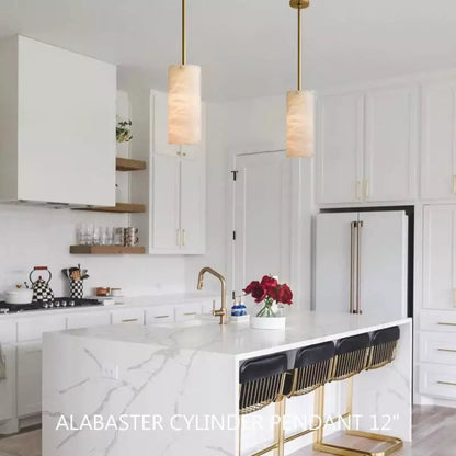 Modern Hand Carved Alabaster Cylinder Pendant Light