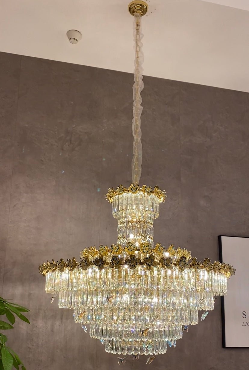 Modern Light Luxury Art Design Butterfly Multi-tiered Round Crystal Chandelier with Golden Flowers for Living Room/Staircase/Foyer-Nobipets
