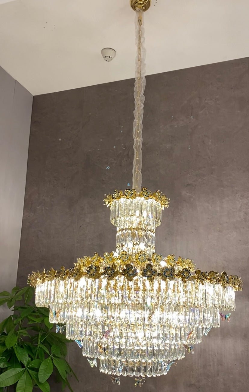 Modern Light Luxury Art Design Butterfly Multi-tiered Round Crystal Chandelier with Golden Flowers for Living Room/Staircase/Foyer-Nobipets