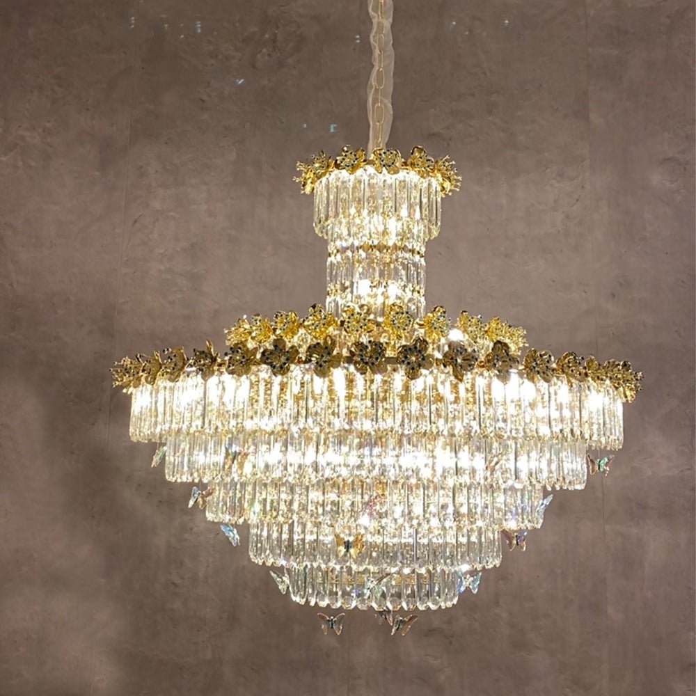 Modern Light Luxury Art Design Butterfly Multi-tiered Round Crystal Chandelier with Golden Flowers for Living Room/Staircase/Foyer-Nobipets