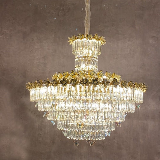 Modern Light Luxury Art Design Butterfly Multi-tiered Round Crystal Chandelier with Golden Flowers for Living Room/Staircase/Foyer-Nobipets