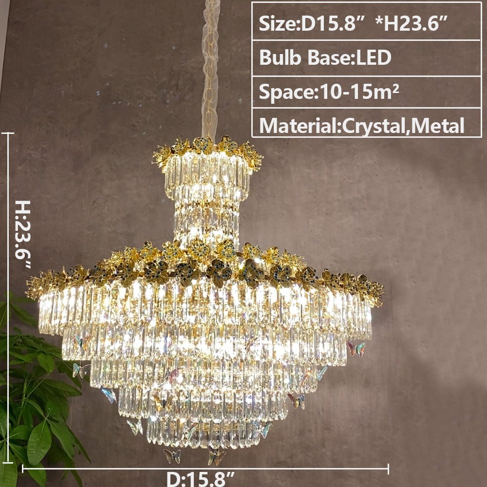 Modern Light Luxury Art Design Butterfly Multi-tiered Round Crystal Chandelier with Golden Flowers for Living Room/Staircase/Foyer-Nobipets