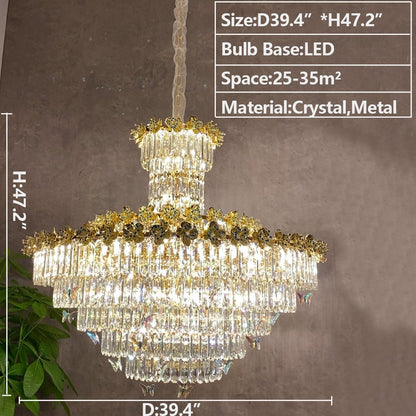 Modern Light Luxury Art Design Butterfly Multi-tiered Round Crystal Chandelier with Golden Flowers for Living Room/Staircase/Foyer-Nobipets
