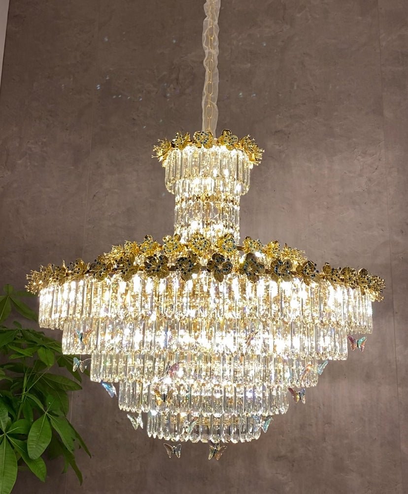 Modern Light Luxury Art Design Butterfly Multi-tiered Round Crystal Chandelier with Golden Flowers for Living Room/Staircase/Foyer-Nobipets