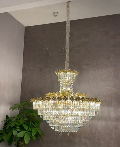 Modern Light Luxury Art Design Butterfly Multi-tiered Round Crystal Chandelier with Golden Flowers for Living Room/Staircase/Foyer-Nobipets