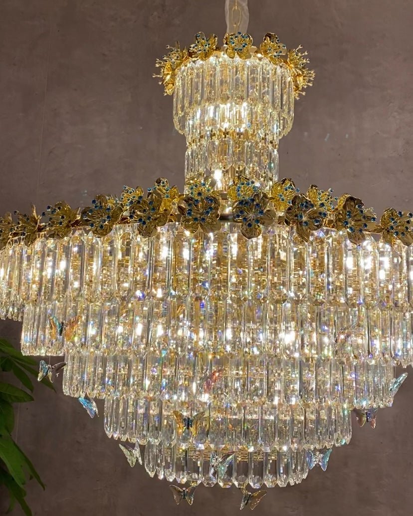 Modern Light Luxury Art Design Butterfly Multi-tiered Round Crystal Chandelier with Golden Flowers for Living Room/Staircase/Foyer-Nobipets