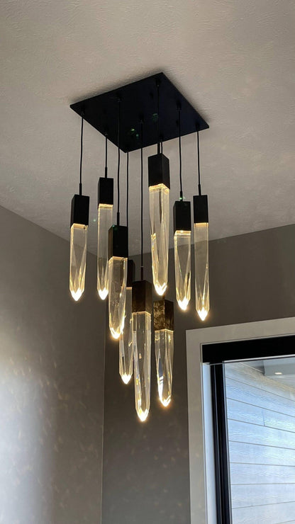 Modern Light Luxury Round/Rectangle Floating Glacier Crystal Chandelier in Black Finish for Kitchen Island/ Staircase/Living Room-Nobipets