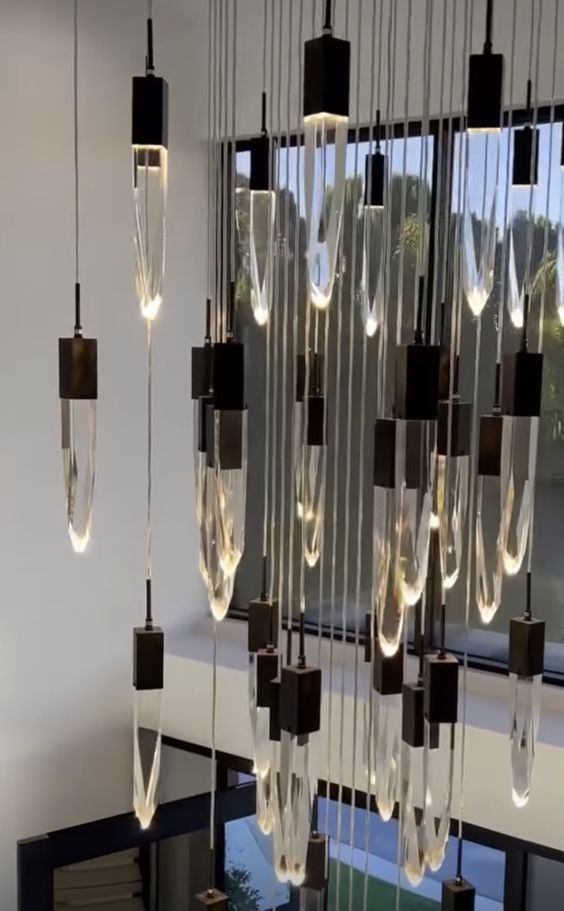 Modern Light Luxury Round/Rectangle Floating Glacier Crystal Chandelier in Black Finish for Kitchen Island/ Staircase/Living Room-Nobipets