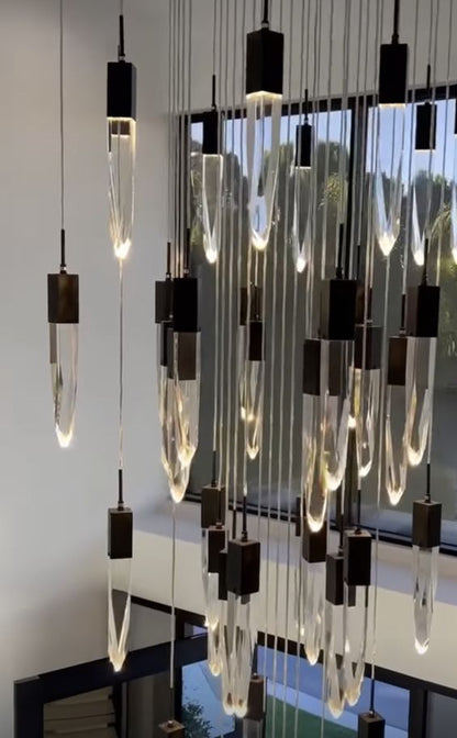 Modern Light Luxury Round/Rectangle Floating Glacier Crystal Chandelier in Black Finish for Kitchen Island/ Staircase/Living Room-Nobipets