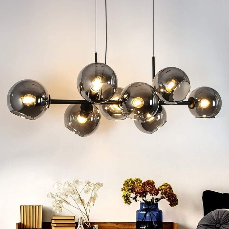 Modern Linear Smoky Gray Glass Globe Shade Chandelier for Dining Room/Kitchen Island-Nobipets