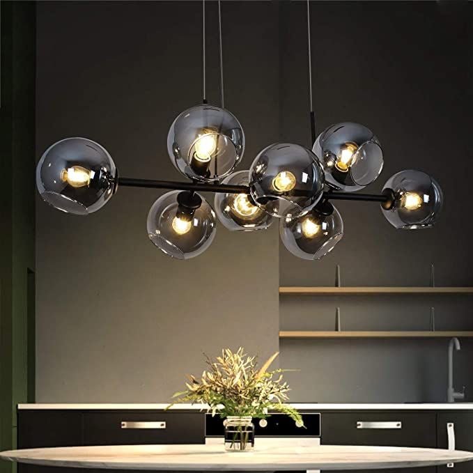 Modern Linear Smoky Gray Glass Globe Shade Chandelier for Dining Room/Kitchen Island-Nobipets