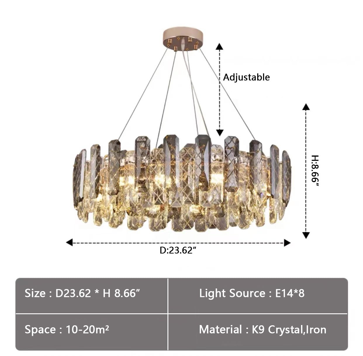 Modern Smoky Gray Crystal Chandelier Gleamy Light Fixture for Living/Dining Room/ Bedroom/ Home Office-Nobipets