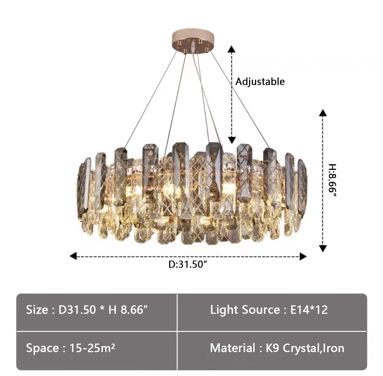 Modern Smoky Gray Crystal Chandelier Gleamy Light Fixture for Living/Dining Room/ Bedroom/ Home Office-Nobipets